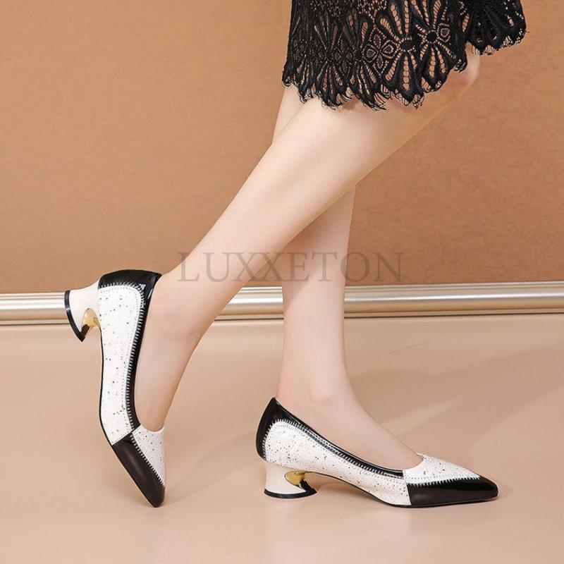 Туфли на высоком каблуке с острым носком женские туфли-лодочки черные лакированные туфли с цепочкой на квадратном каблуке Zapatos Mujer