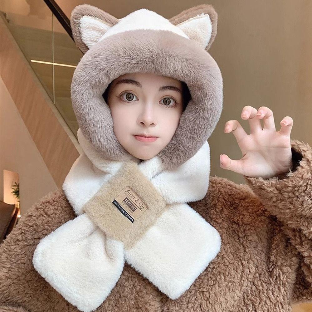 Cartoon Hat Ear Protection Hat Plush Hat Hooded Scarf Cute Winter Cap Female/Girls