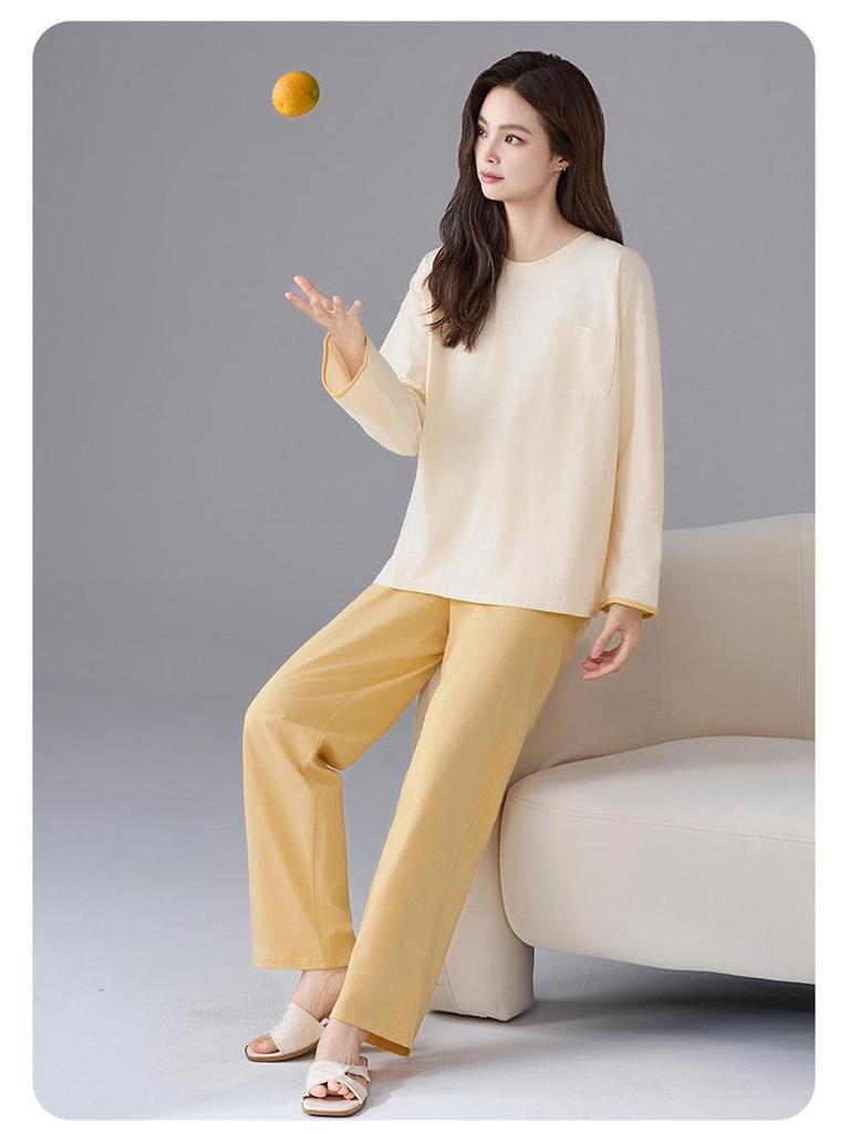 Женская пижама из чистого хлопка с вкладышами на грудь - с длинным рукавом, больших размеров, для осени/зимы. Для ношения на улице, Свободный домашний костюм.