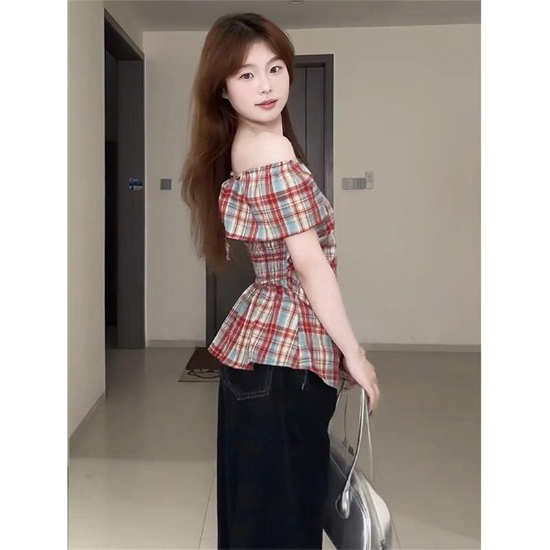 Pure desire wind one-word shoulder plaid short-sleeved shirt women's summer new waist and thin sweet Spice Girl T-shirt top