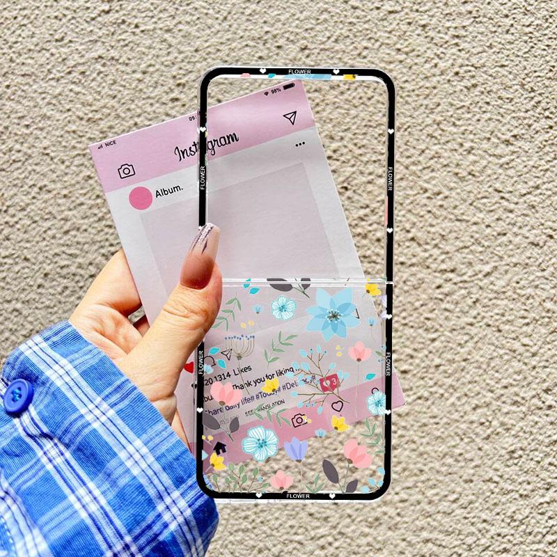 Чехол для Samsung Galaxy Z Flip 7 INS Корея Листья Цветок Прозрачная Крышка Телефона для Samsung ZFlip7 Z Flip7 5G Синий Цветочный Чехол