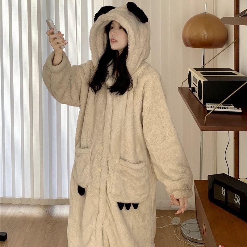New Bear Coral Fleece Pajama Women Autumn Winter Sleepwear Fleece Thick Cute Flannel Loungewear Set Round Hooded Homewear