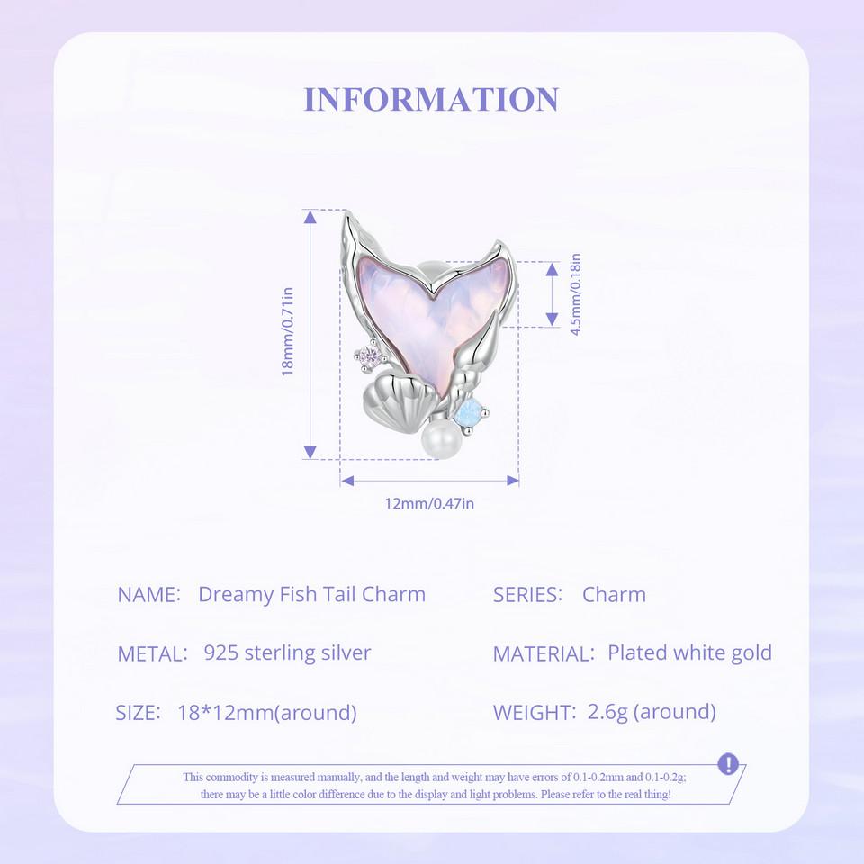 BAMOER Dainty 925 Sterling Silver Dreamy Mermaid Charm Fish Tail Silicone Spacer Bead Charm for Women Fit Original Bracelet