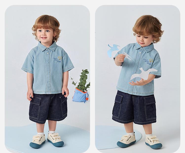 [Pure Cotton] Mini Balabala Boys' Short sleeved Shirt Denim Soft Breathable Lightweight Top 26 Summer New Product