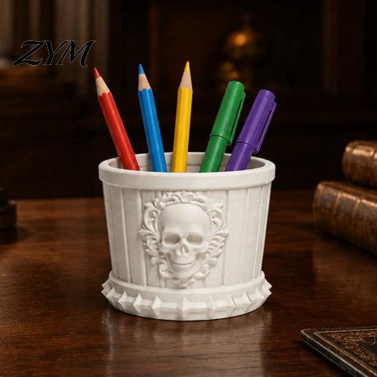 Office Desk Accessories Gothic Skull Pen Holder, 3D Printed PLA Stationery Organizer, Unique Organization Halloween Theme Container for Makeup Brushes