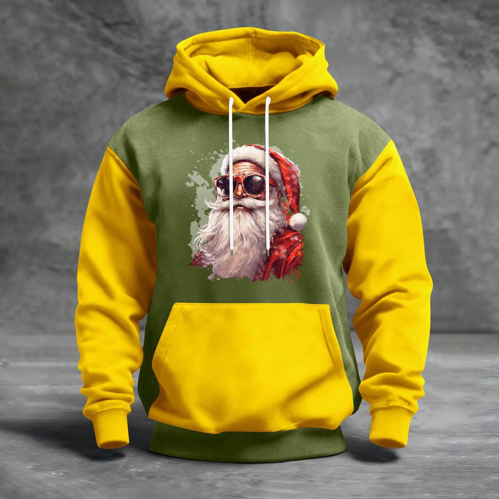 Мужской рождественский свитшот с капюшоном, повседневный, спортивный, удобный, с цветными блоками и принтом