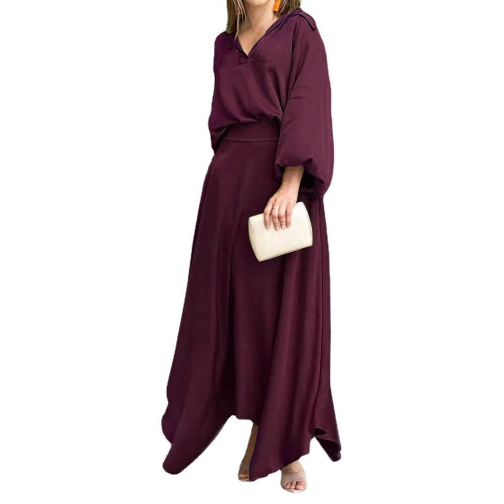 Женский летний свободный комплект из двух предметов большого размера, однотонный топ с длинными рукавами и юбкой средней длины с высокой талией