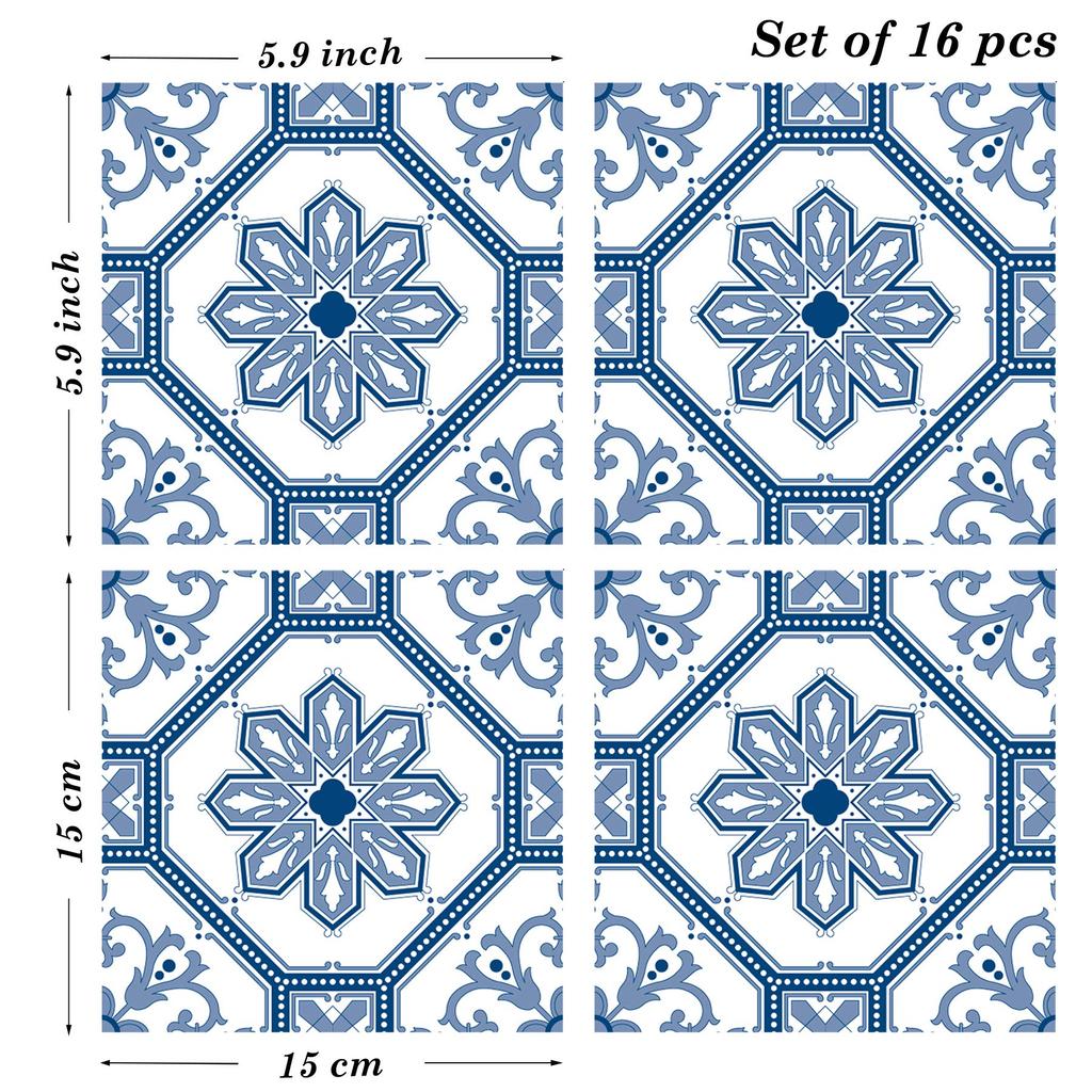 Poromoro Portuguese Spanish Azulejo Tile Stickers Peel and Stick Kitchen Bathroom Mosaic Tile Stickers Set of 16 & (5.9,29)