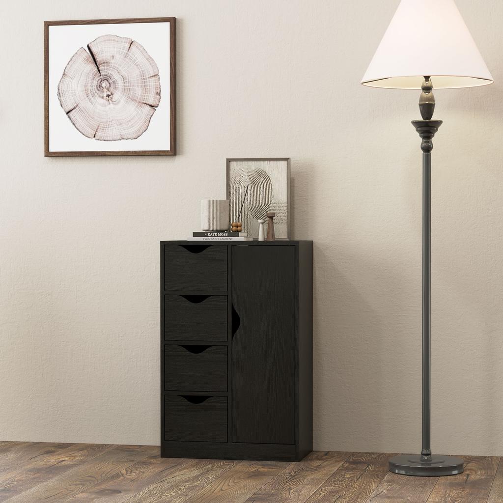 Storage Cabinet Sideboard With 1 Door And 4 Drawers Wooden For Living Room Kitchen Entryway Dining Room Black