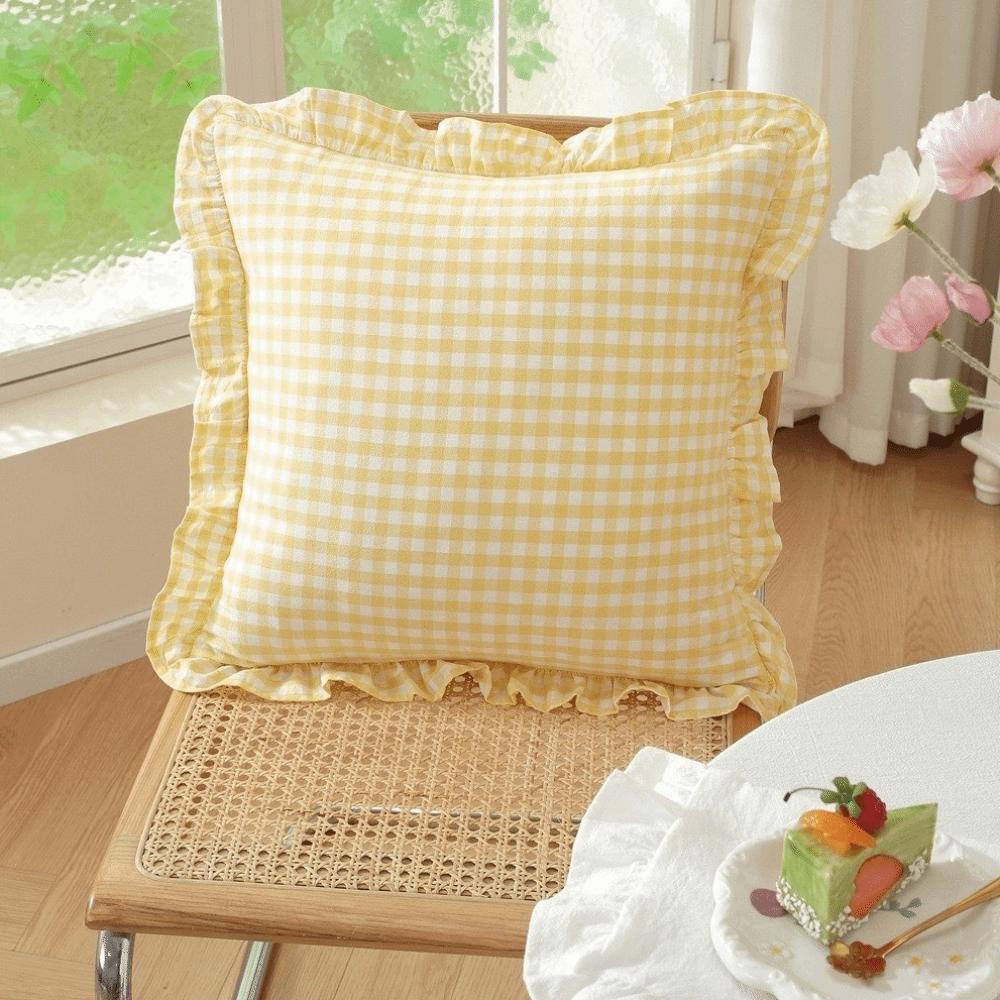Plaid Print Throw Pillow Cover Soft Cotton Art Cushion Cover Ruffled Edge Pillowcase Living Room