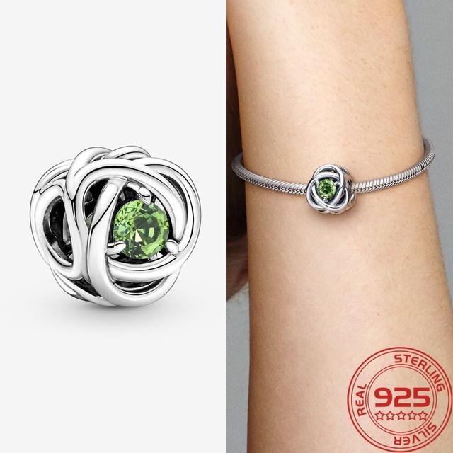 New S925 Silver Charm May Green Birthstone Eternity Circle Charm Fit Fashion 3mm Bracelet DIY Girl Necklace Pendant Gift