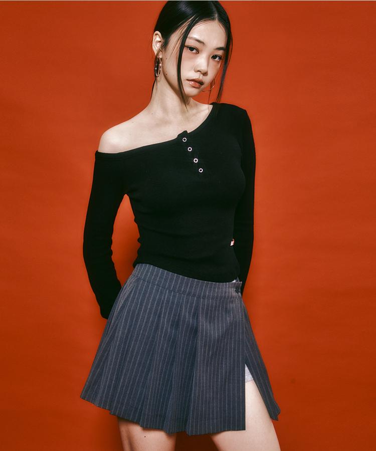 Poyeong Slit Pleats Skirt Pinstripe
