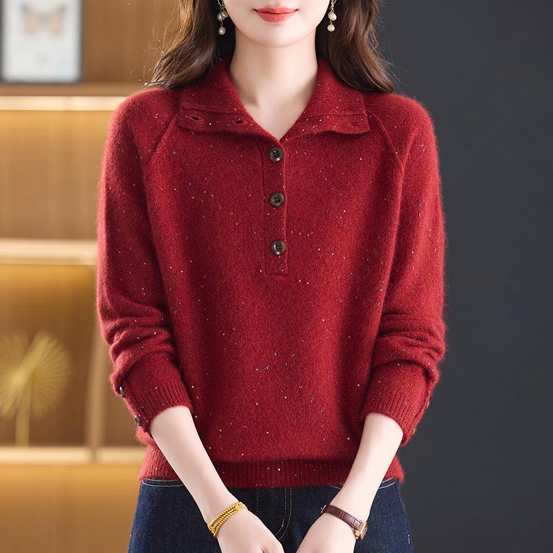 Women's Color-Block High-Neck Cashmere and Wool Sweater with Sequin Details, Tummy-Tucking Design