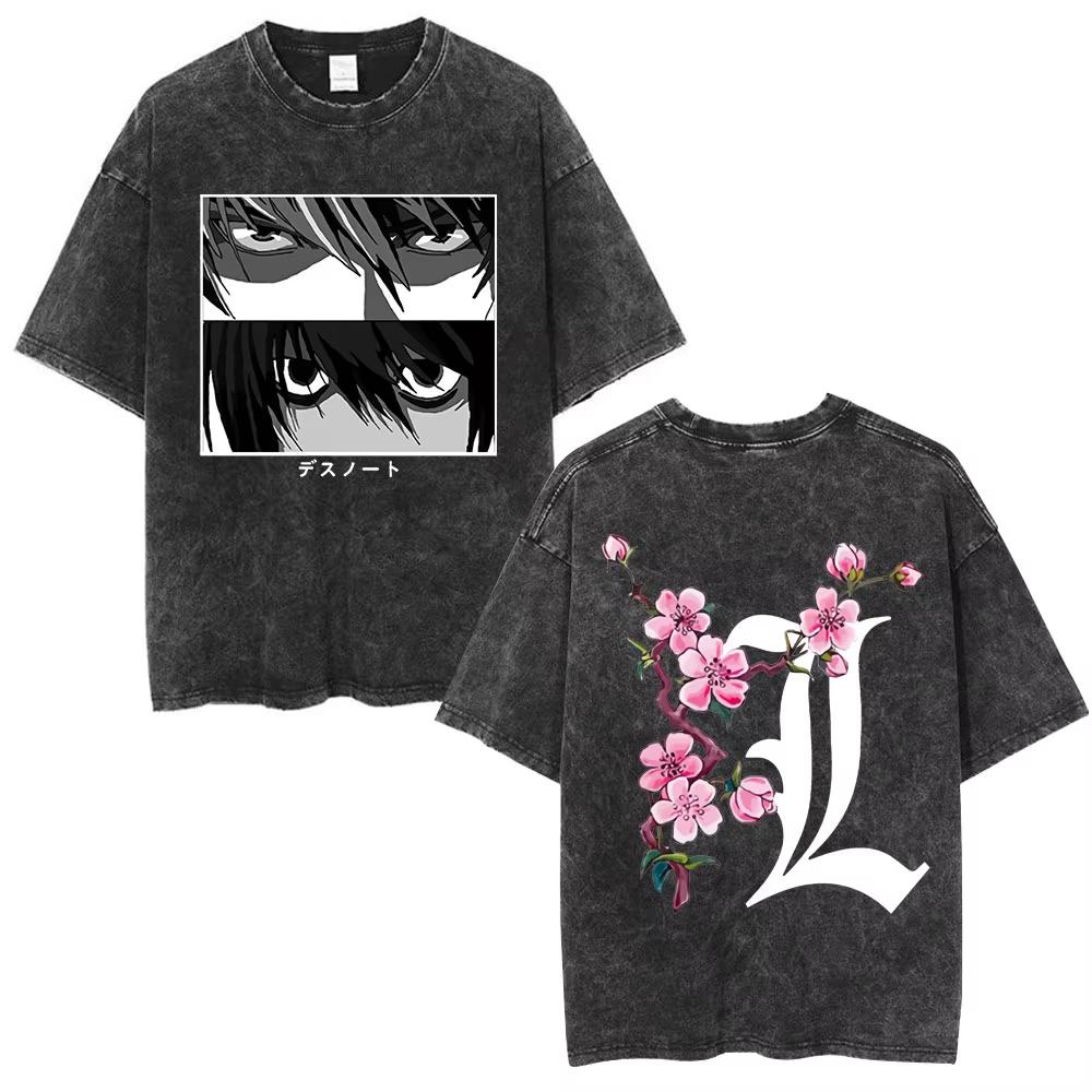 Death Note Print Washed T-shirt Oversized Unisex Harajuku Streetwear Trendy Cotton hort Sleeve Men's and Women's Fashion soft
