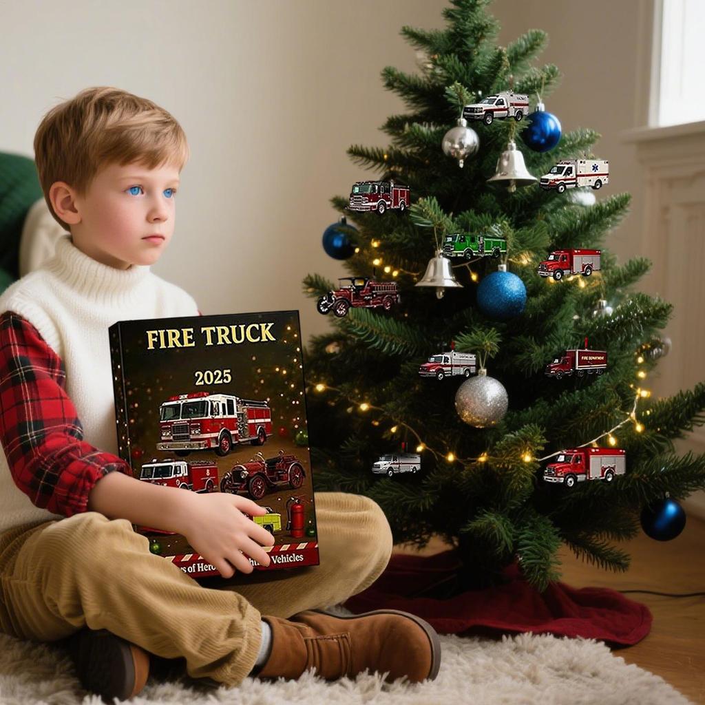 Fire Truck Advent Calendar 2025, 24 Days of Christmas Advent Calendar Boxes, 2D Flat Fire Engines, Ladder Trucks, Rescue Units, Vehicles Set Gift