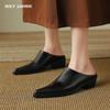 2024 New Ladies Genuine Leather Mules Fashion High Heel Chunky Heels Summer Slippers Women Casual Office Black Brown Shoes Woman