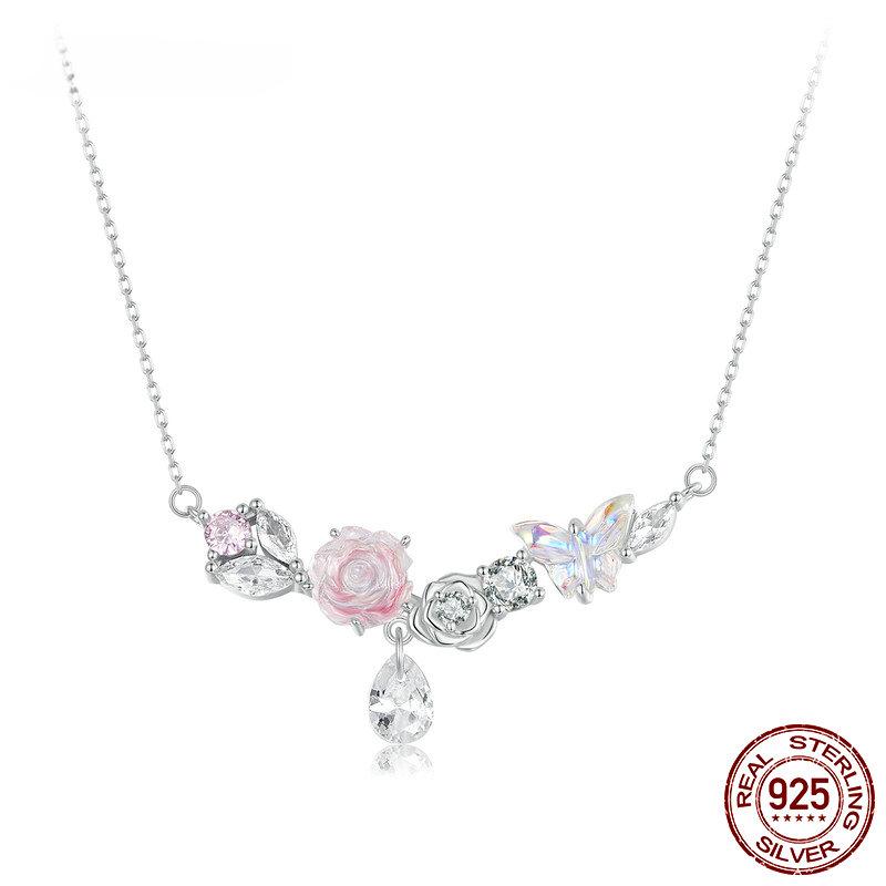 S925 Sterling Silver Romantic Flower Necklace Fantasy Butterfly Neck Chain for Women Valentine's Day Fine Jewelry Gift