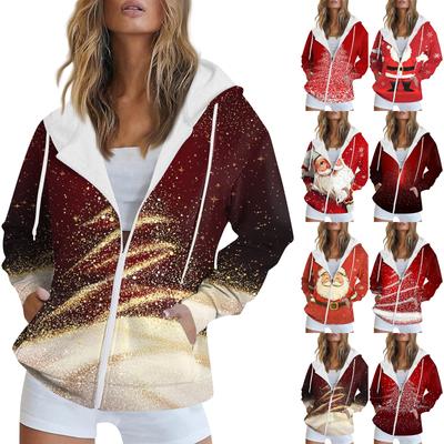 Женская рождественская печатная толстовка осень-зима с длинным рукавом кардиган куртка с карманами на молнии толстовка с капюшоном верхняя одежда