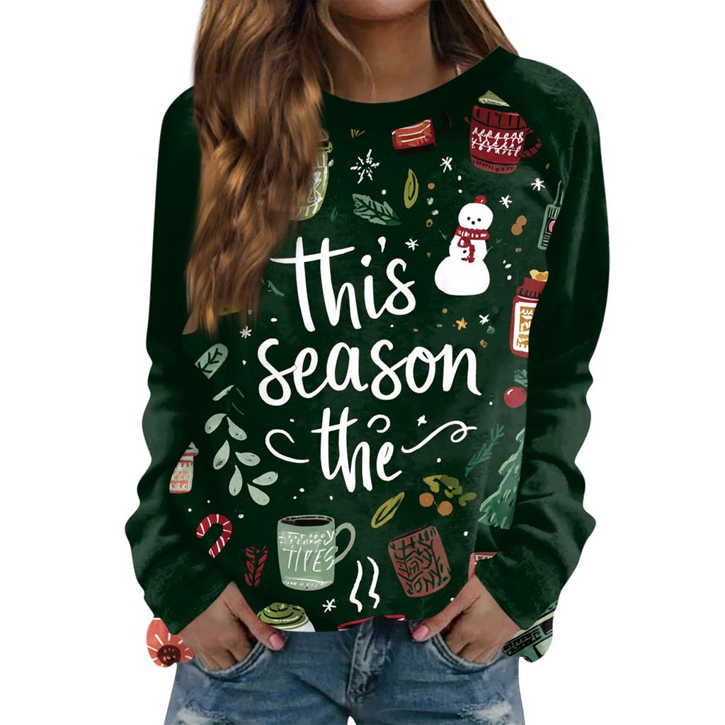 Женский модный повседневный свитшот с длинным рукавом и рождественским принтом на шее