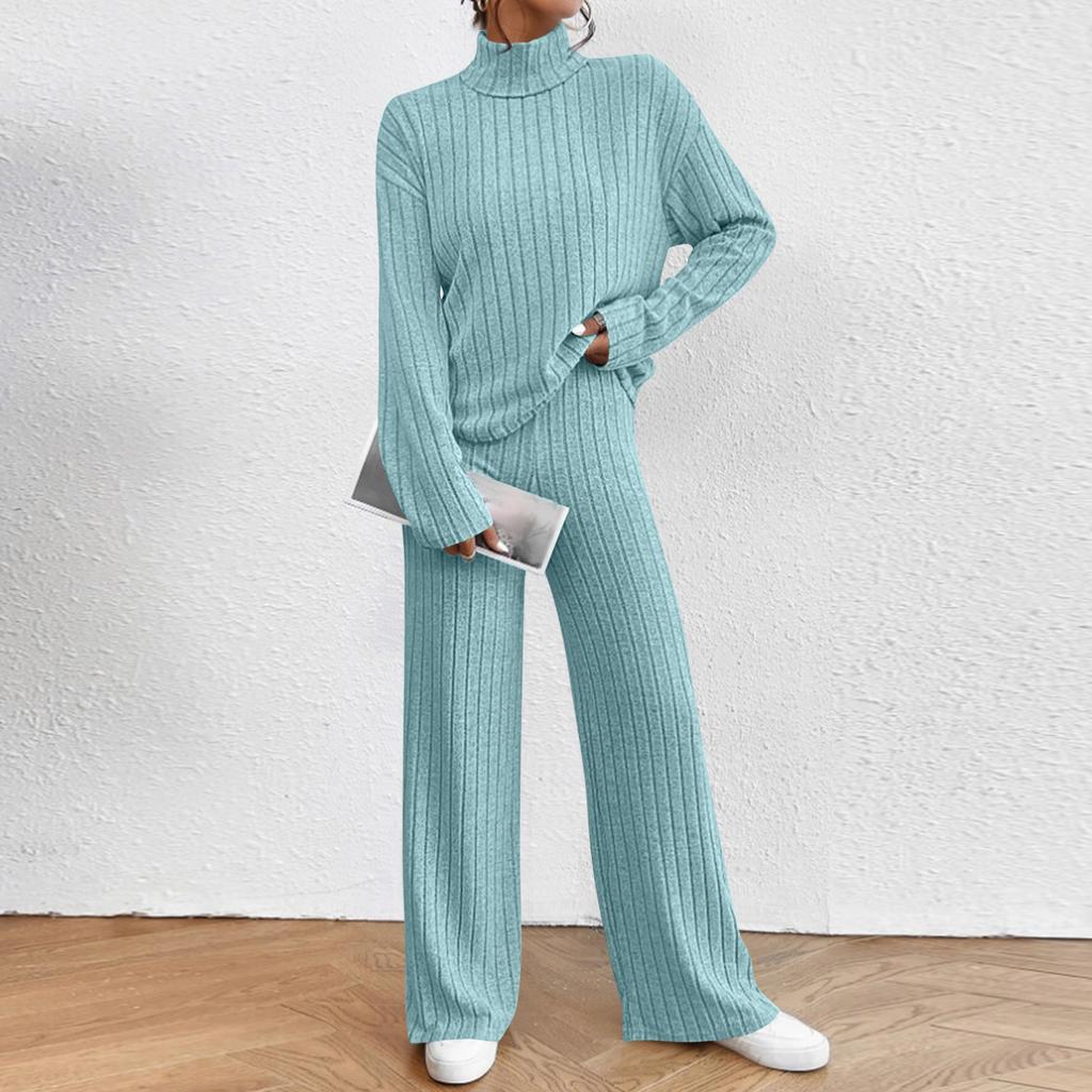 Женский модный однотонный топ с высоким воротником и длинным рукавом, повседневные брюки с эластичной талией, комплект из двух предметов