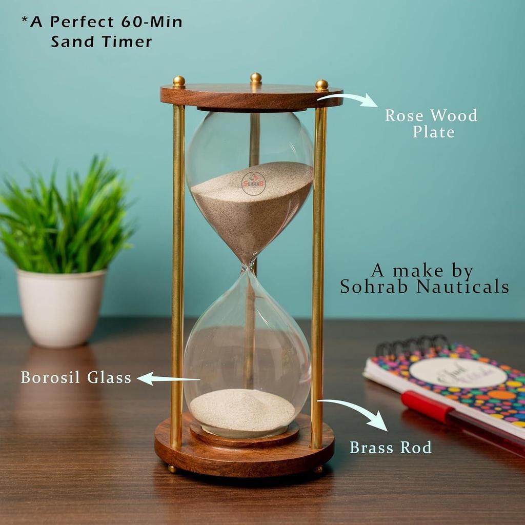 60 Minute Wooden Sand Timer Hourglass Natural Sand Color 10.5 x 10.5 x 20.5cm for Tea Making Home & Kitchen Office Table Gifts (Pack of 1)