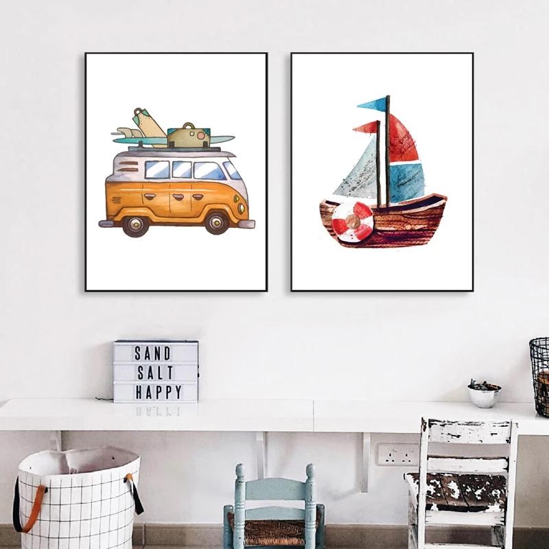 Мультяшный минималистичный постер для кемпинга, самолет, корабль, холст, живопись, принты, детская комната, детская настенная живопись, украшение Куадрос
