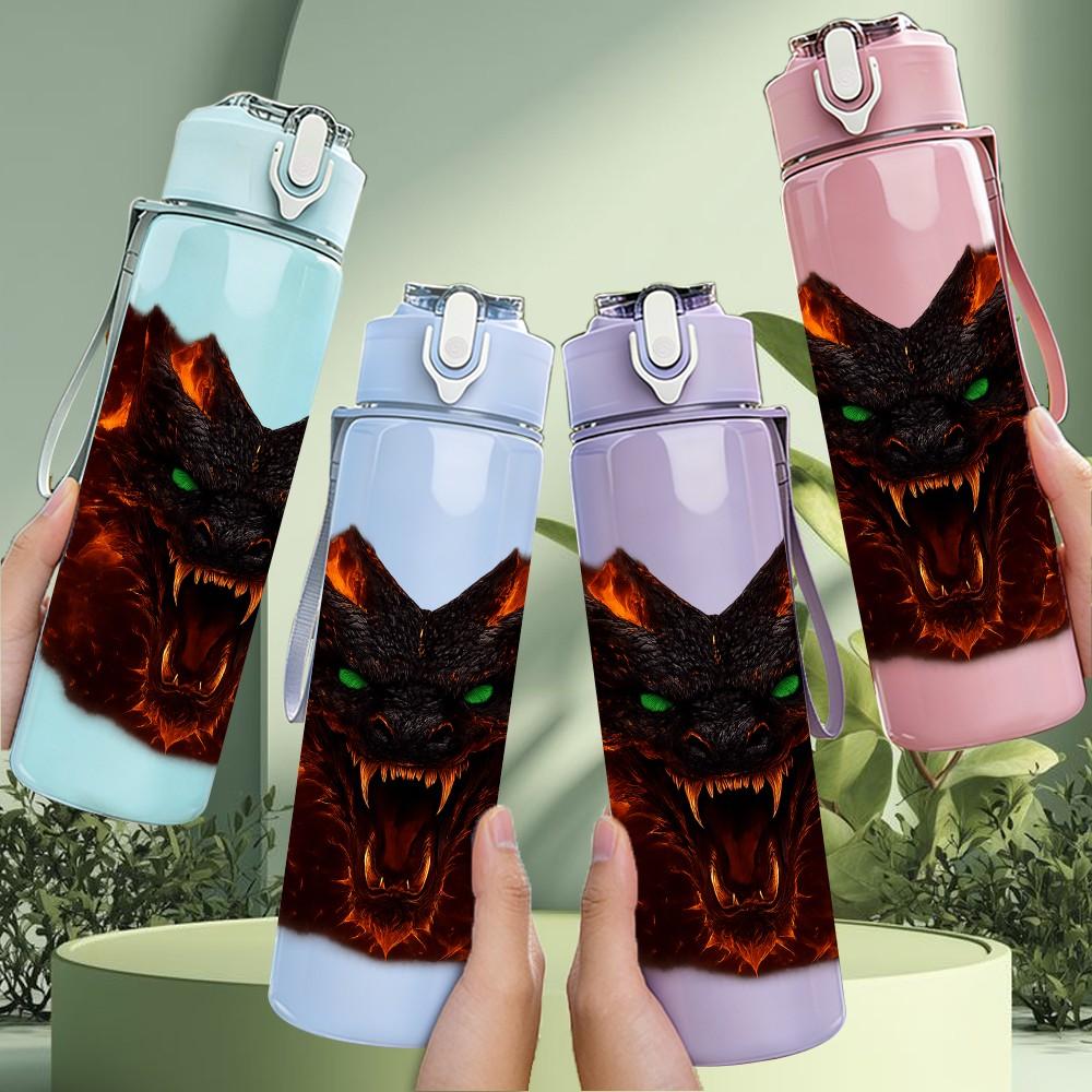 1PC Fiery Red Demon Beast Fantasy Head Print 750ml Color Plastic Sports Water Bottle Leakproof Flip Straw Lid Suitable for Sports Office Home Use