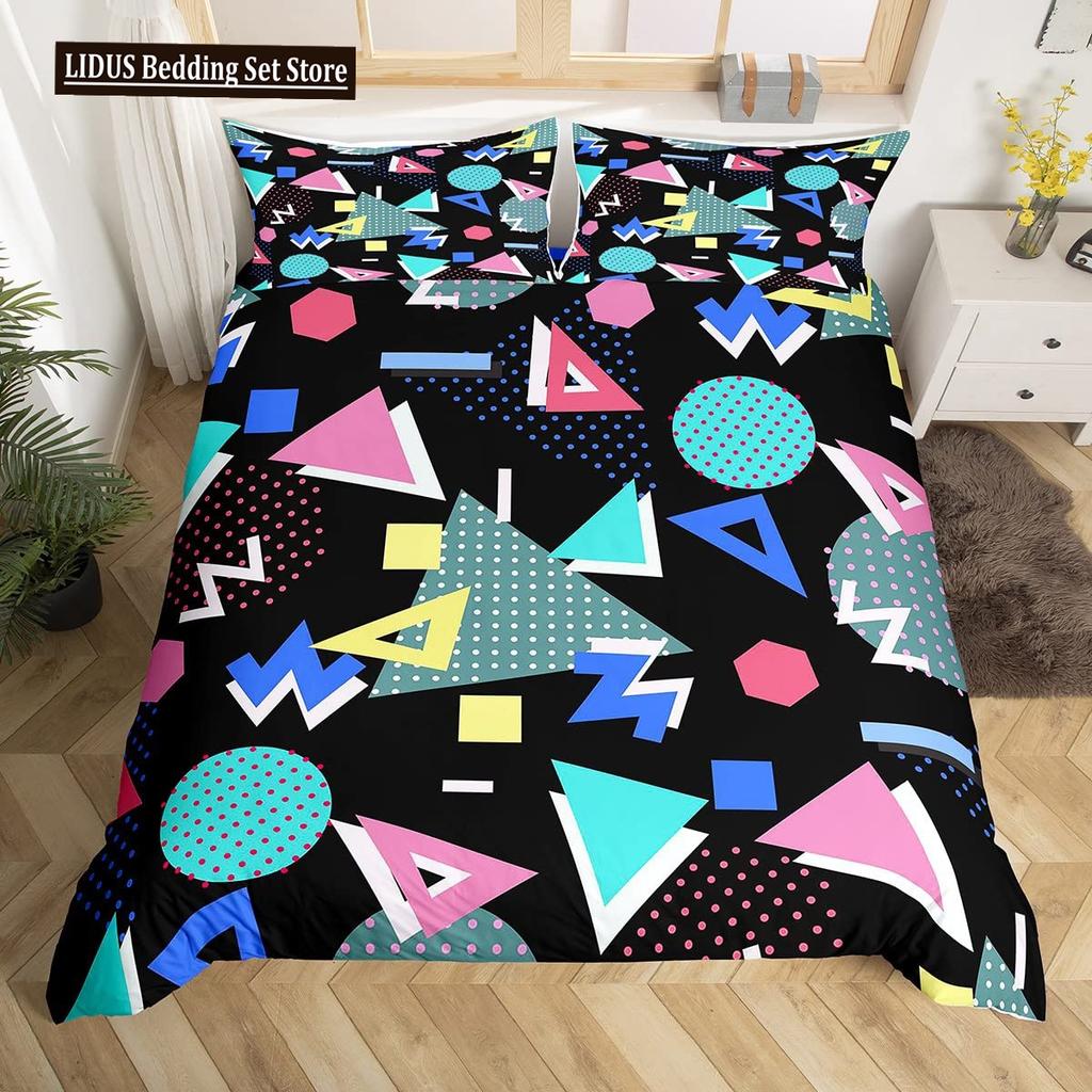 Retro Memphis Style Duvet Cover Set Galaxy Fashion Style Geometric Shapes Bedding Set Full,Hipster Old Fashioned Comforter Cover