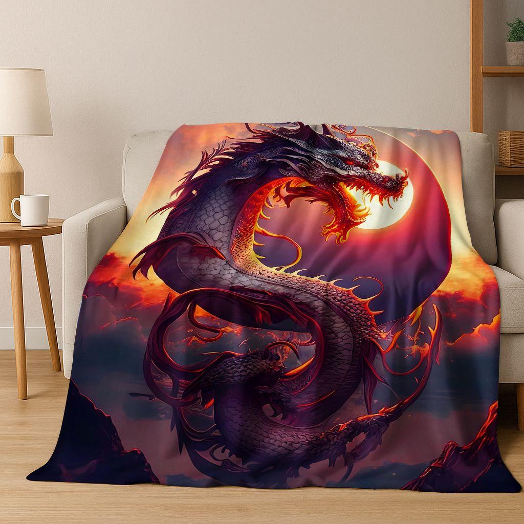 Magic Dragon Mythology Art Chinese Loong Cartoon Flannel Blanket,Cozy Soft Throw Blanket for Home Bedroom Bed Sofa Cover Kid