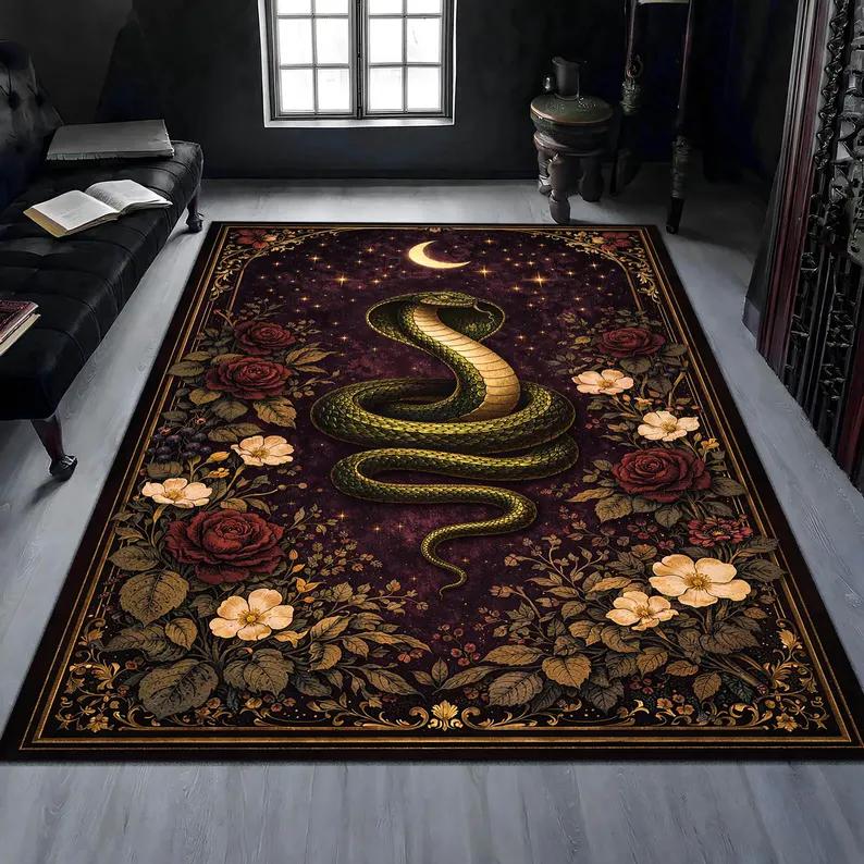 Pink Snake Floral Rug with Botanical Vines and Dark Background Serpent Area Carpet for Boho Gothic Living Room or Bedroom Decor