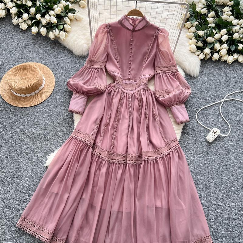 New Heavy Craft Lace Embroidery Hollow Out Party Evening Long Dress Women's Stand High Waist Lantern Sleeve Dresses Holiday