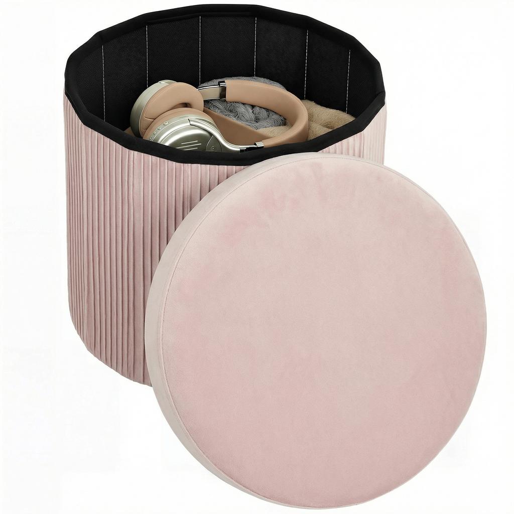 Storage Ottoman Foldable Storage Bench 35 L 38x38x38 Cm Velvet Upholstered Round Storage Trunk Pink