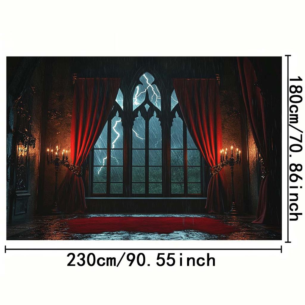 One-person Gothic window lightning red curtains polyester photography background Halloween decoration party background