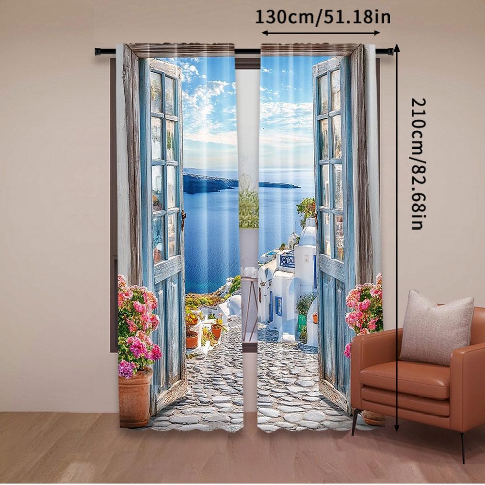 2Pcs Beach Ocean Curtain Landscape Santorini Seaside Coastal European Scenery Rustic Window Drapes Modern Simplistic Curtain