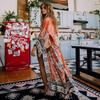 Bikini Cover-ups Pink Boho Print Self Belted Front Open Long Kimono Dress Beach Tunic Women Swim Suit Cover Up Q996