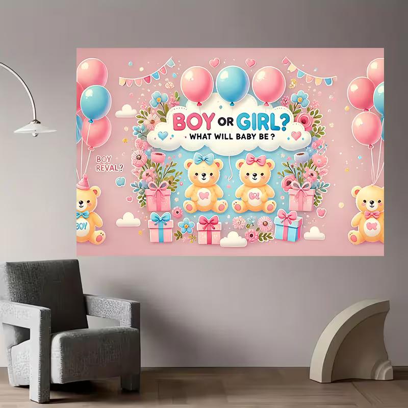 2D Gender Reveal Teddy Bear Tapestry, Pink Blue Balloon Baby Shower Decor