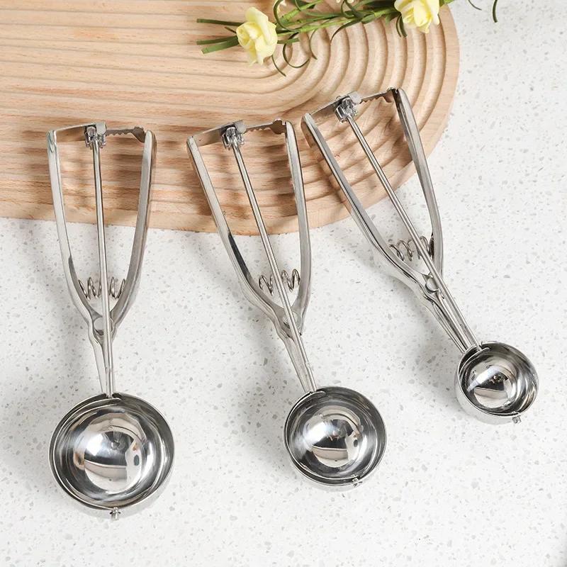 Ice Cream Scoop Stainless Steel Cookie Dough Spoon Fruit Potato Watermelon Digging Ball Spring Handle Scoop Kitchen Accessories