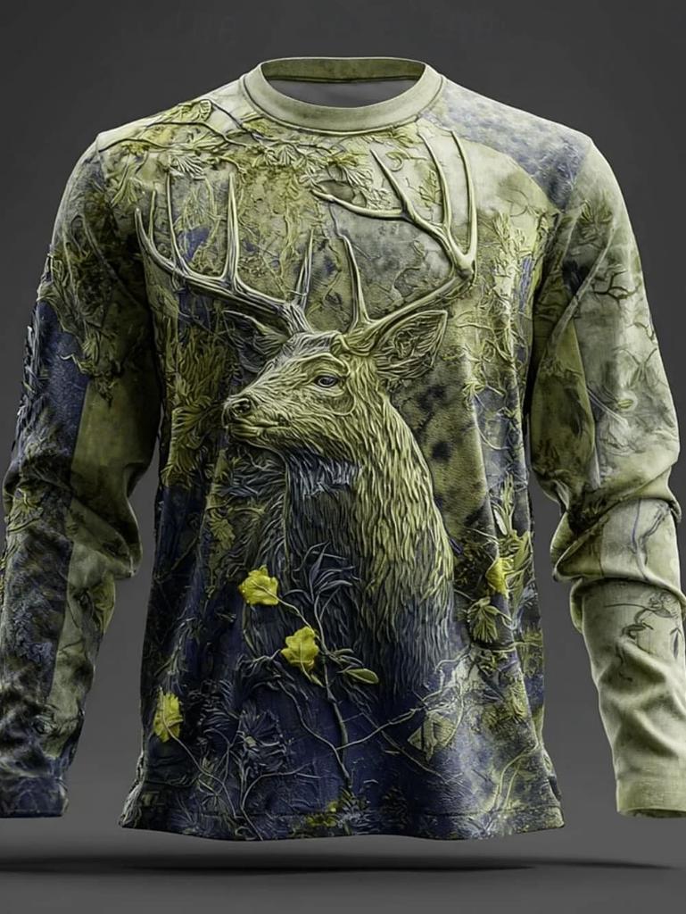 Outdoor essential: long-sleeve T-shirt with deer nature print, hunting style.
