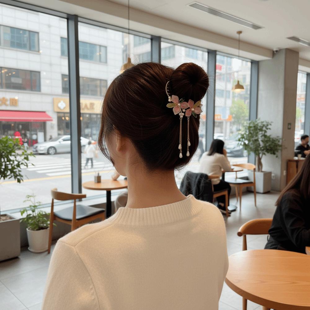 Pink Peach Blossom Bun Hairpin Imitation Pearl Round Bun Ponytail Holder Women Girls