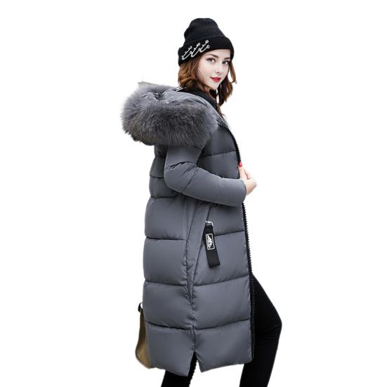 Winter Women Cotton Jacket with Furry Hood Long Sleeves Pockets Heat Retention Knee Length Zip-up Padded Coat Solid Color Windproof Outwear Parka