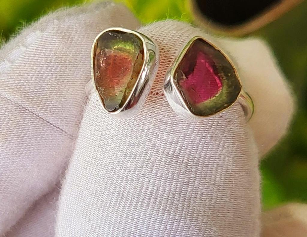 Natural Two Raw Watermelon Tourmaline 925 Sterling Silver Ring 7 US Gift, A 52