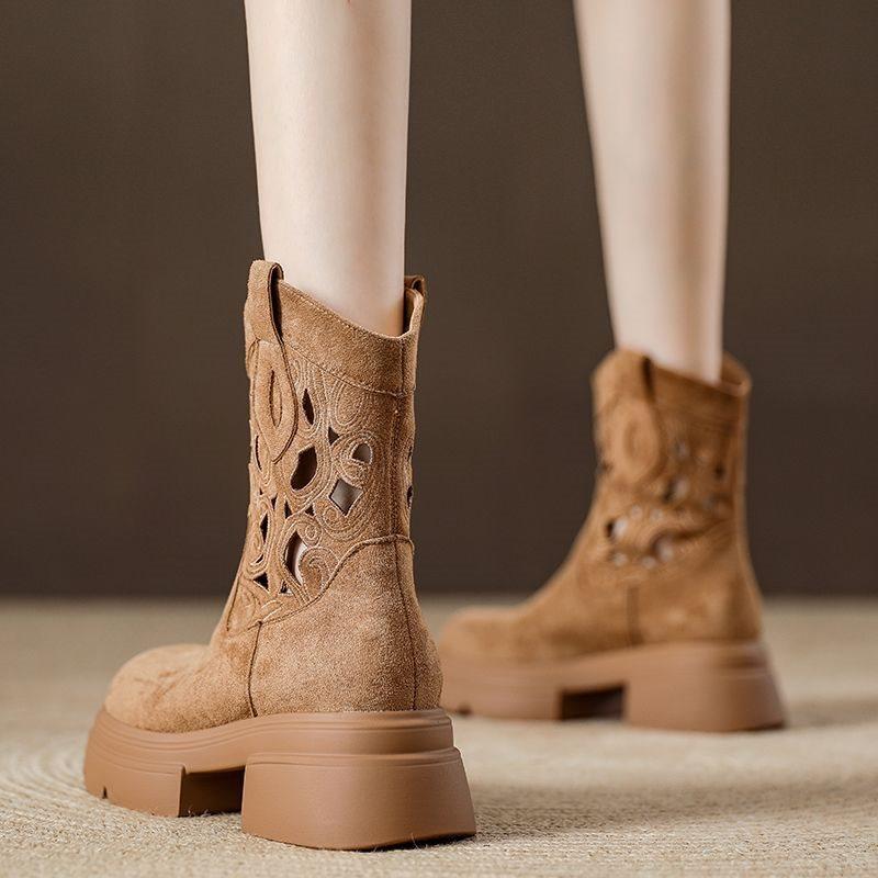 Thick-soled Retro Hollow Western Cowboy Small Short Boots New Breathable Heightening Cool Boots Summer Mid-tube Martin Boots