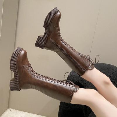 Модные женские полусапоги Осень/Зима Панк-стиль Круглый носок Массивный каблук Шнуровка Застежка-молния Увеличивающие рост Искусственная кожа Мотоциклетные ботинки