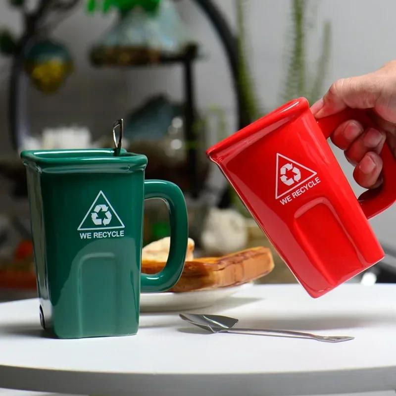 Square Trash Can Ceramic Mug Green Recyclable Bucket Water Cup Fun Creative Exotic Coffee Cup Latte Coffee Cup Cute Coffee Mug