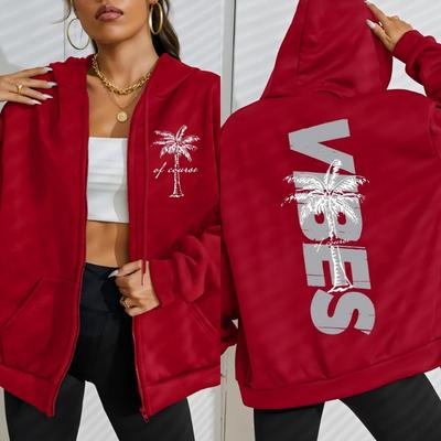 Летние пляжные вайбы Принты кокосовых пальм Женская толстовка на молнии Модная свободная худи Мягкая повседневная спортивная одежда Осенняя одежда