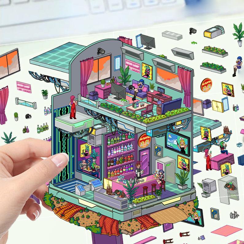 Cartoon Landscape Stickers Multiple Miniature World 3D Hut Unzip DIY Scene Manual Post
