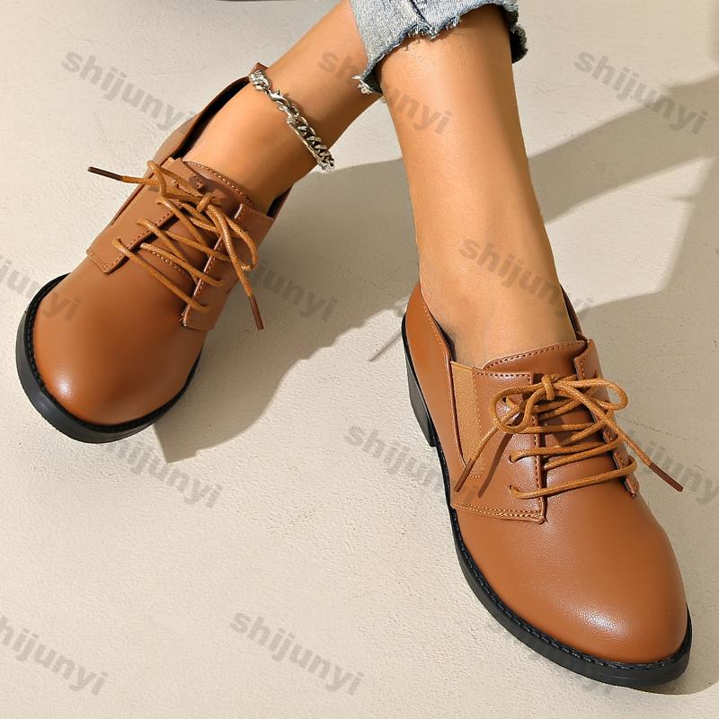 Женские элегантные туфли на массивном каблуке со шнуровкой, модные однотонные кожаные туфли, женские черные туфли-лодочки с острым носком на среднем каблуке, большой размер 43