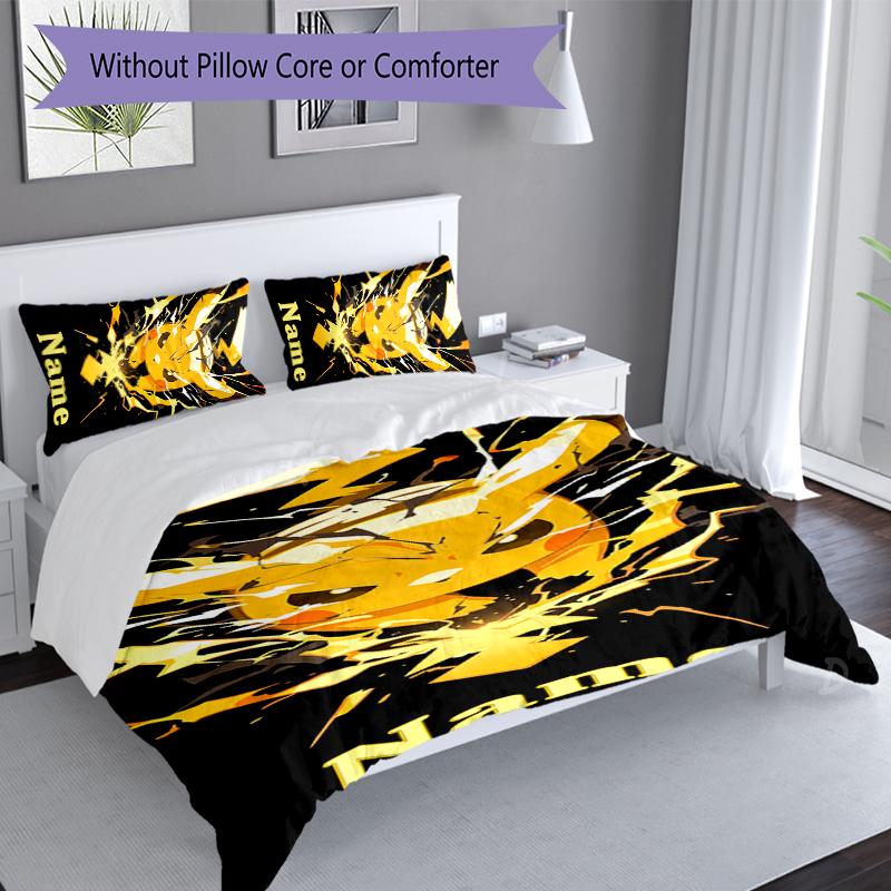 3pcs Custom Name Pokémon Pikachu Bedding Set,Includes 1 Duvet Cover and 2 Pillowcases,All-season Bedroom Decor