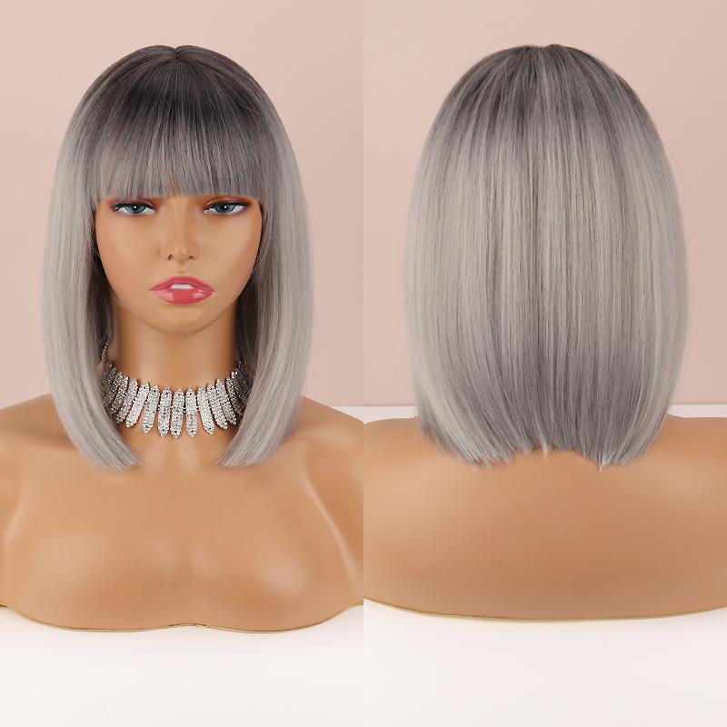 MISSQUEEN Короткий прямой парик Боб с челкой Омбре Темно-коричневый цвет Длина до плеч Натуральный прямой парик из синтетического волокна Повседневная одежда