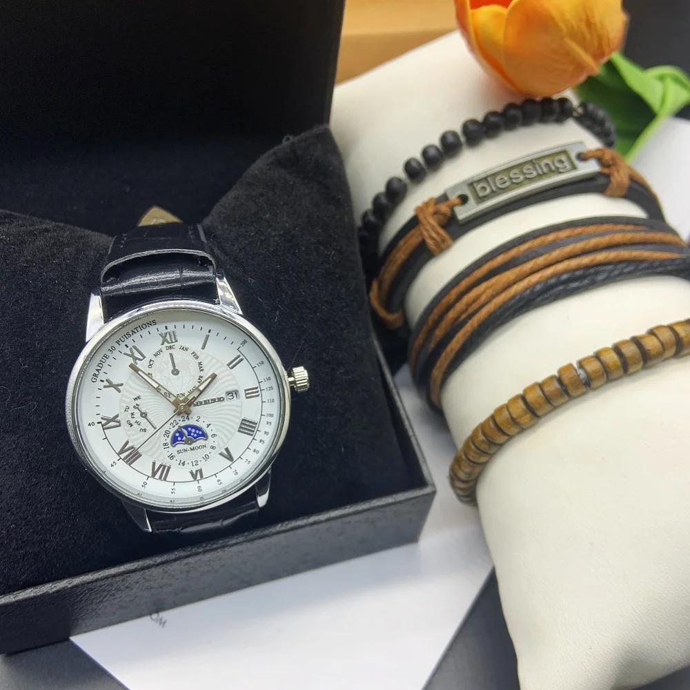 5 шт. Круглый циферблат мужские кварцевые часы высокого класса с браслетом в коробке мужские роскошные кварцевые часы для аксессуаров